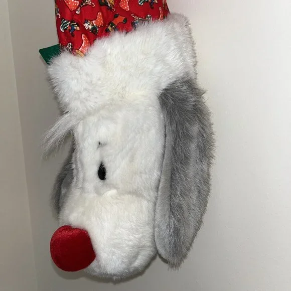 Chosun Christmas Stocking 3D Plush Stuffed Animal Dog Holly Bow Grey & White Dog - Picture 3 of 10